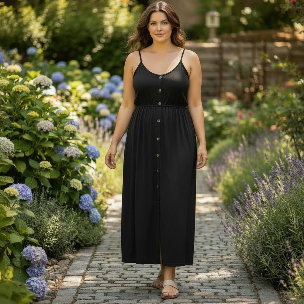 Sundress 2X Plus NWOT Black Spaghetti Strap w/Pockets Faux buttons Layering - Picture 2 of 6